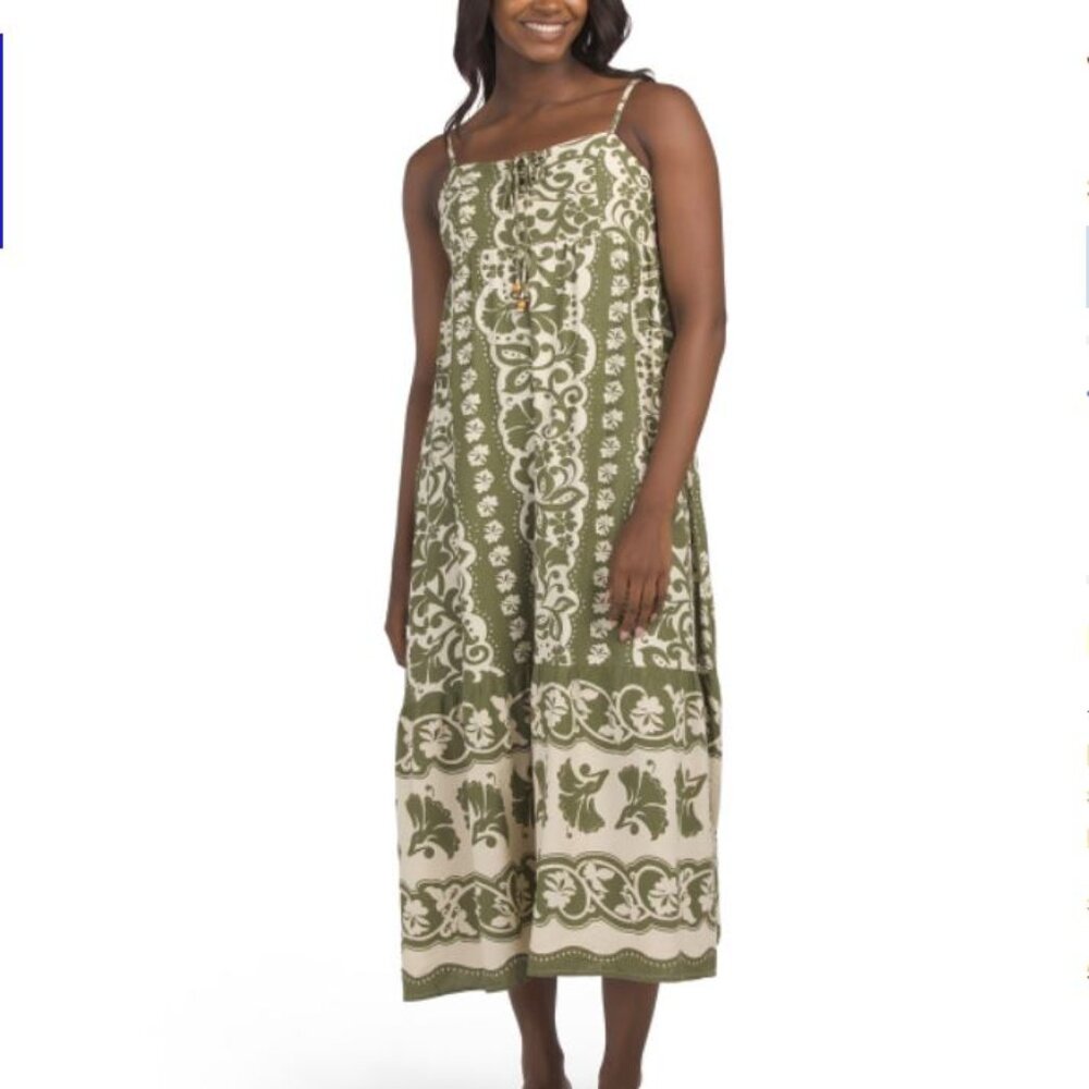 NWT Japna Floral Green Tropical Linen Blend Maxi Boho Dress Size L